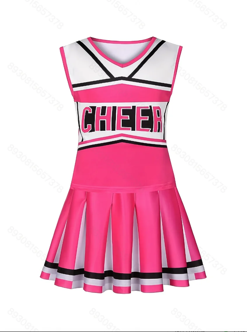 Girls' Cheerleading Uniform Set V-Neck Sleeveless Top + Pleated Skirt with Cheer Print Design, Girls' Cheerleading Outfit for Halloween, Christmas Parties, Sports Games, Learning, Performances, Daily Wear, Available in Multiple Colors
