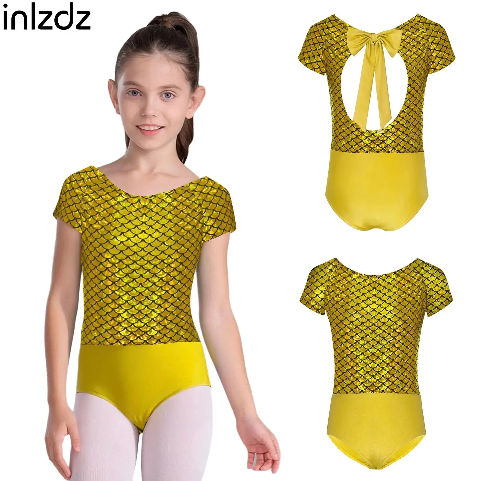 Nouvelles filles nœud papillon découpe dos gymnastique Ballet Unitard patinage artistique danse fête Costume écailles de poisson imprimé justaucorps à manches courtes