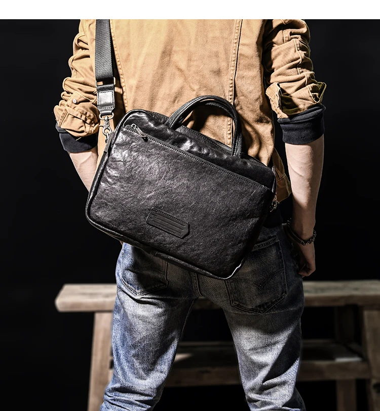 business casual luxury genuine leather men's women's black briefcase simple fashion handmade cow leather work laptop handbag