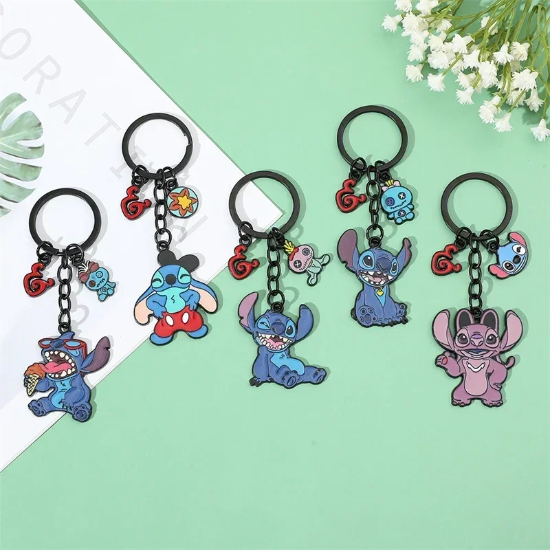 Miniso Fashion Alloy Disney Stitch Keychain Cute Anime Cartoon Angel Kawaii Key Ring Backpack Pendant Ornaments Girl&Child Gifts