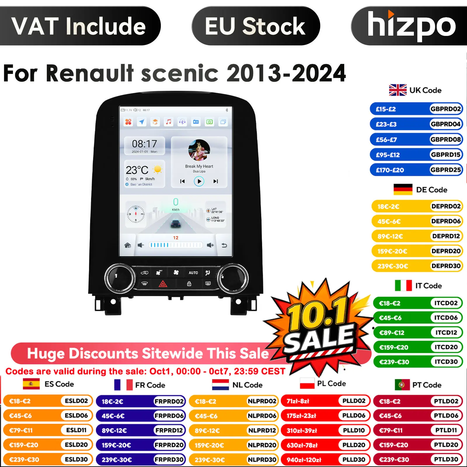 Autoradio Android 14 con Schermo da 9,7 Pollici, Carplay, 4G, 2 Din per Renault Scenic 2013-2024, Lettore Multimediale Video, GPS, DSP