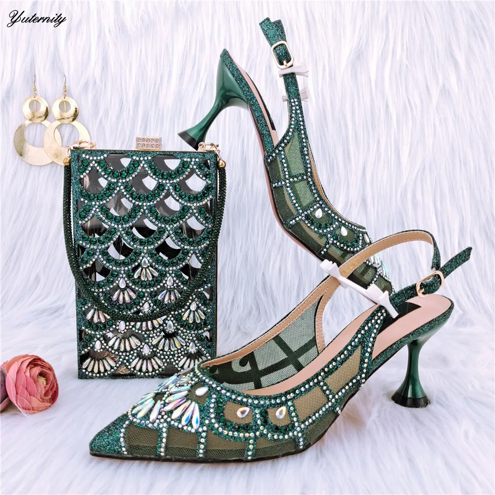 Hot Sale Rhinestone Ladies Shoes And Bag Set Fashion Italian Sandal High Heels Shoes And Bag Set For Party Large Size 38-43