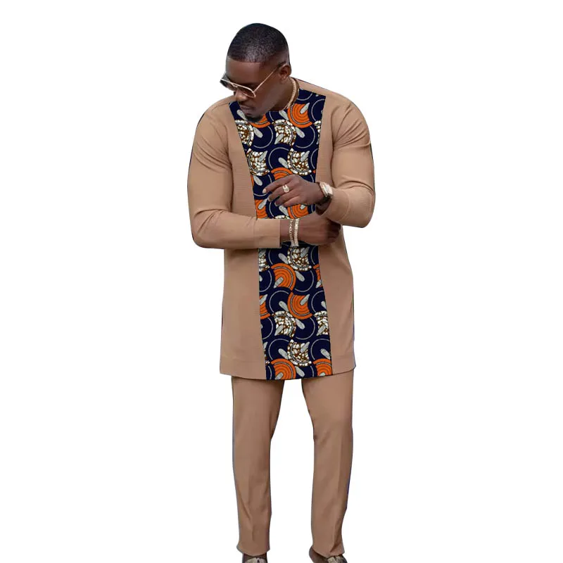 Nigerian Fashion Men\'s African Clothing Patchwork Shirts With Pants Print Male Groom Suits Wedding Party Wear