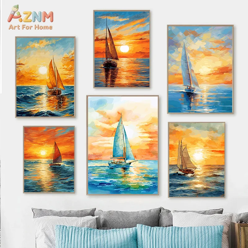 AZNM Unframed Canvas Print Oil Painting Sailboat Sunset Wall Art Ocean Seascape Coastal Home Decor Poster