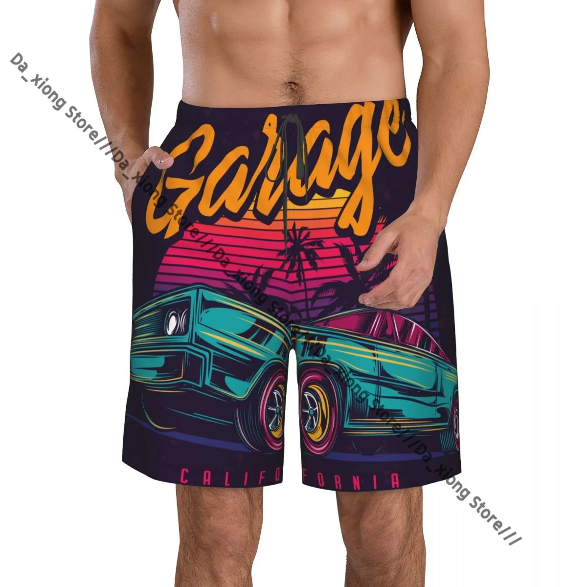 Men Beach Short Quick-drying Swimming Trunk American Muscle Car In Retro Neon Style Swimwear Swimsuit Bathing Shorts
