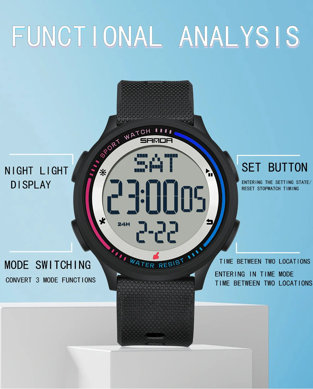 SANDA Herrenuhr, mehrere Funktionen, Outdoor-Sport, Stoppuhr, wasserdicht, digitales Uhrwerk, LED, Herren-Armbanduhr, elektronischer Alarm – Detail 13