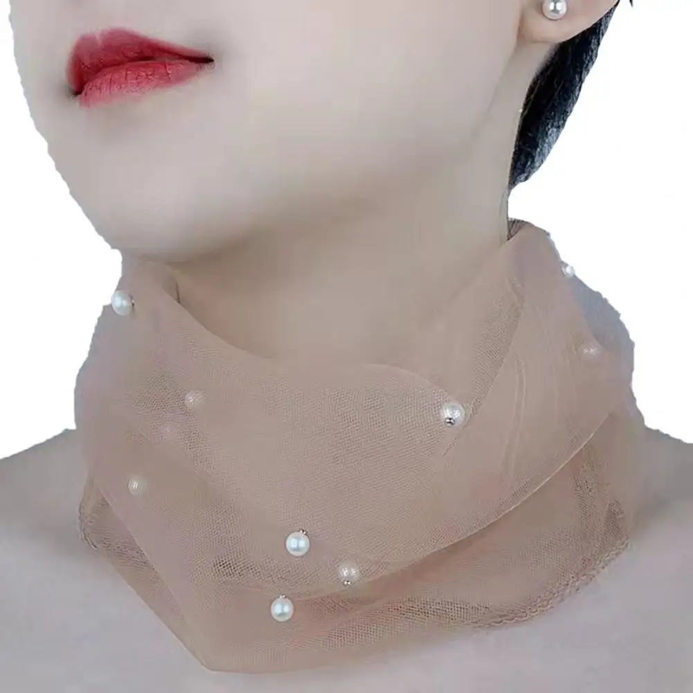 Bild 7: Eleganter elastischer Halswickel, einfarbig, Halskragen, Kunstperlen, Dekor, elastischer Organza-Spitzenschal, multifunktional