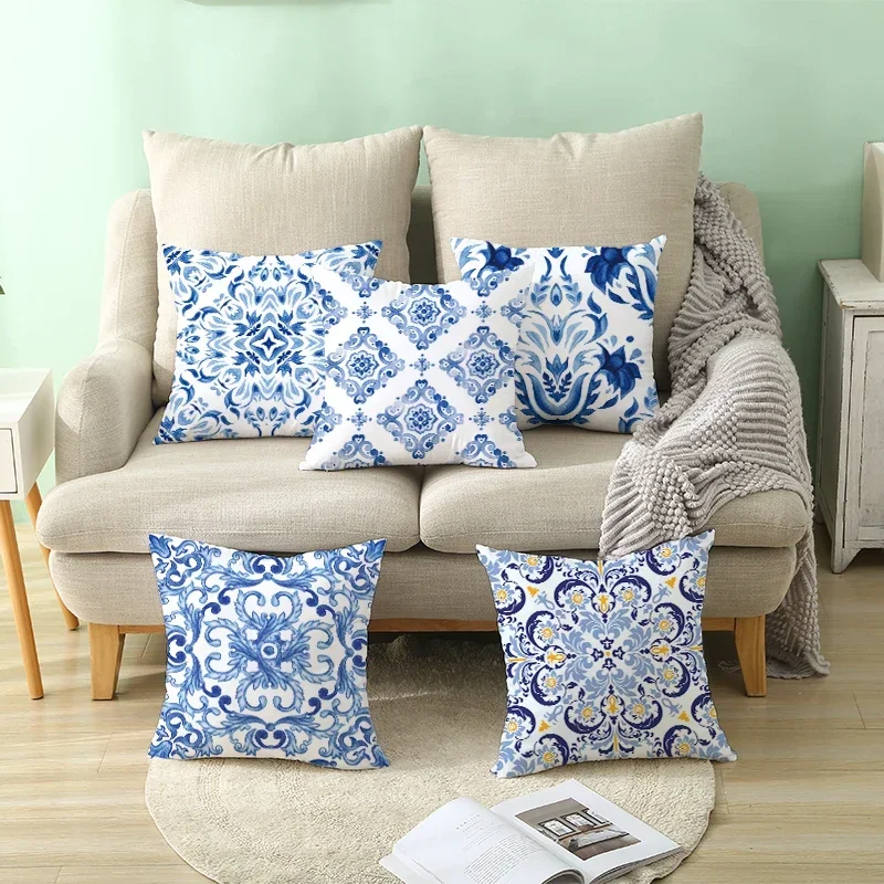 

Blue Print Peach Leather Pillowcase Ethnic Style Sofa Office Cushion Cover Home Decor