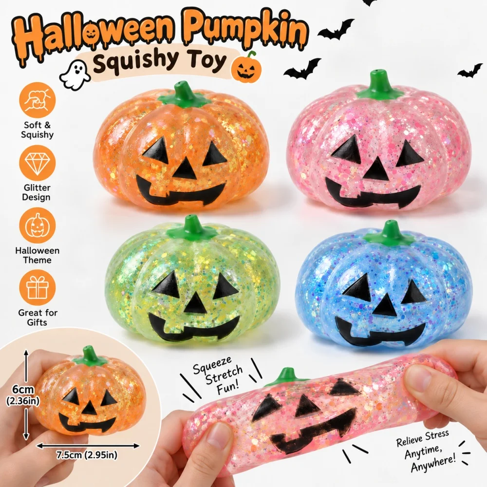 Jack O Lantern Stress Relief Toy Party Favors 1Pc Halloween Pumpkin Squishy Squeeze Toy Pinata Filler Treasure Box Prize Gift