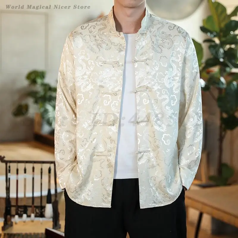 Men Chinese Dragon Shirt Coat Black Satin Mandarin Collar Tang Costume Top Large Size 5XL New Year Clothes Male Jackets Hanfu - Image 4