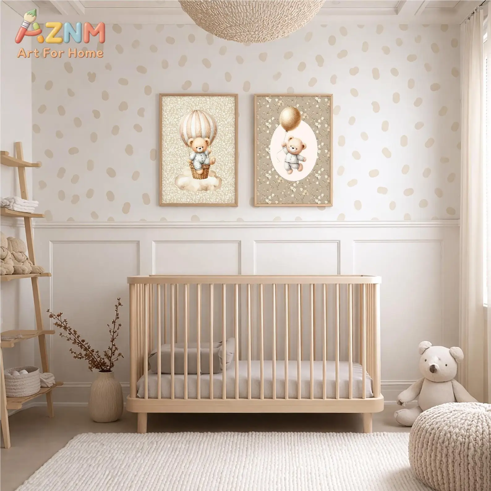 2Pcs Vintage Floral Teddy Bear Canvas Prints, Hot Air Balloon Balloon Neutral Nursery Wall Art, Unframed Decor Posters