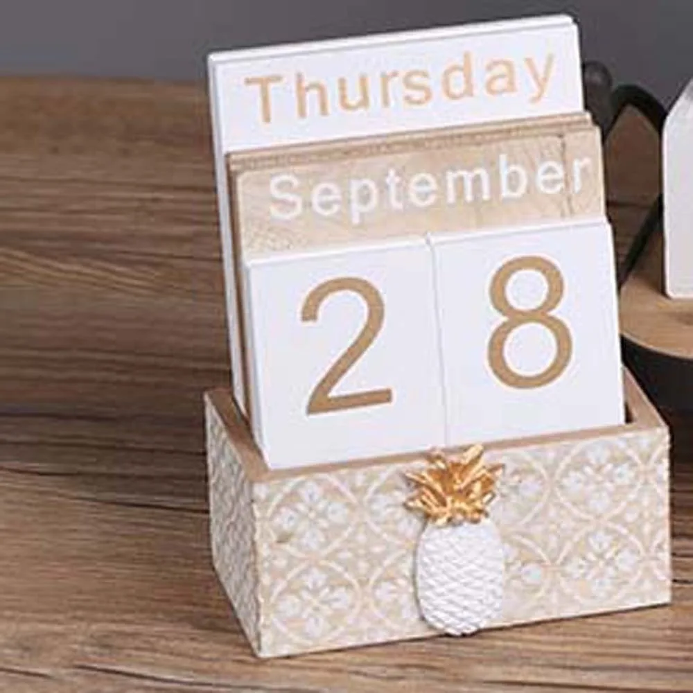 Aesthetic Wooden Perpetual Calendar Cactus Manual Desk Calendar Ornament Home Decoration Pineapple Date Display Ornament Office