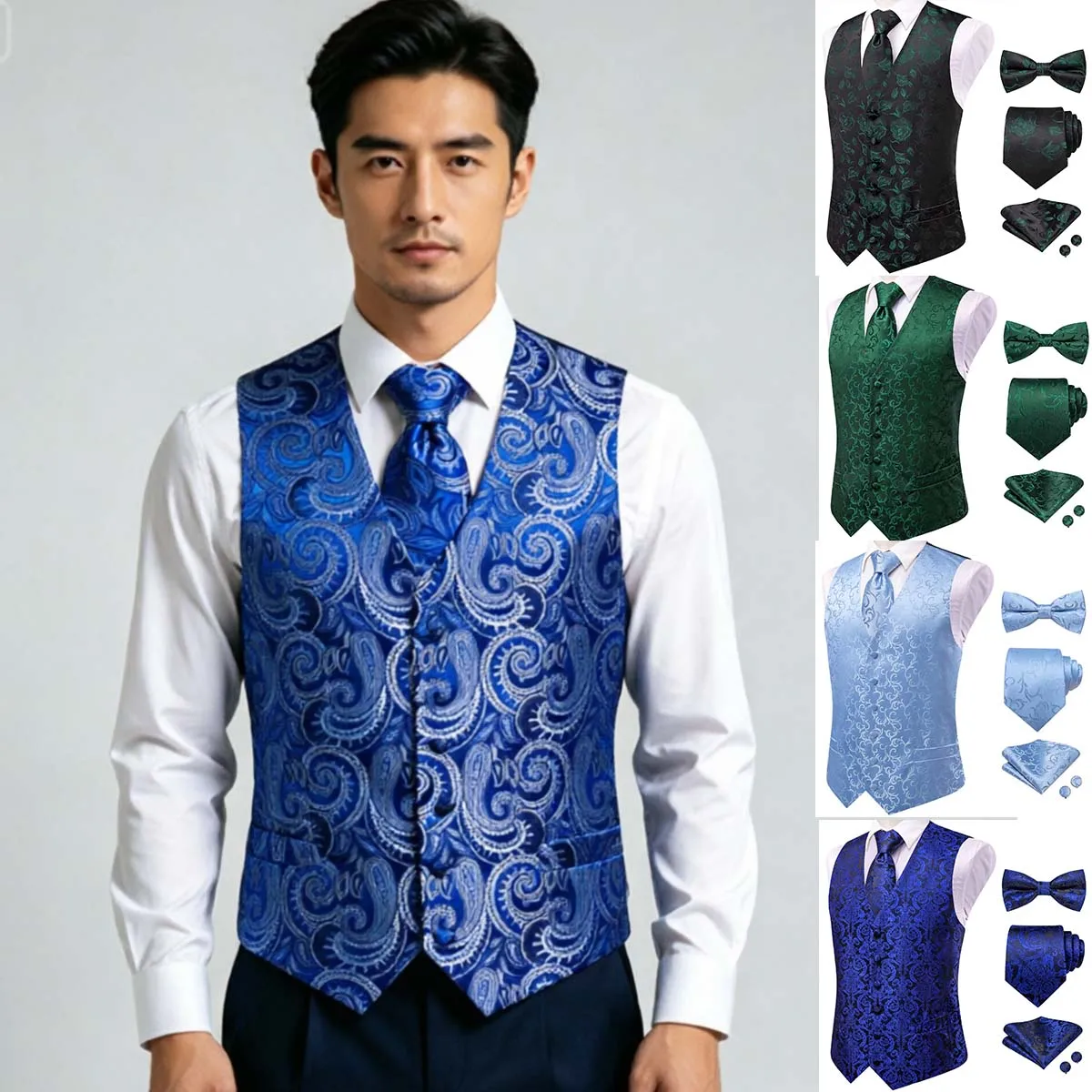 Conjunto de 5 piezas de chaleco azul verdoso con cuello en V y estampado paisley, corbata, pajarita, pañuelo de bolsillo y gemelos para traje formal