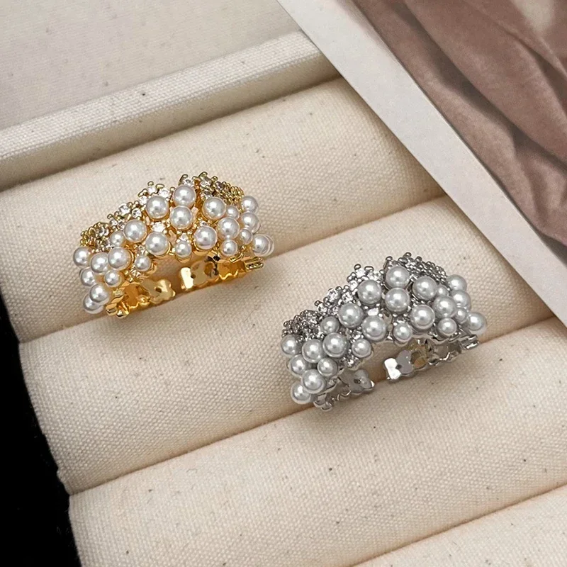 حقيقي 925 فضة تألق الزركون سطح واسع اللؤلؤ قابل للتعديل خواتم للنساء ضوء فاخر غرامة مجوهرات رائعة هدية #5