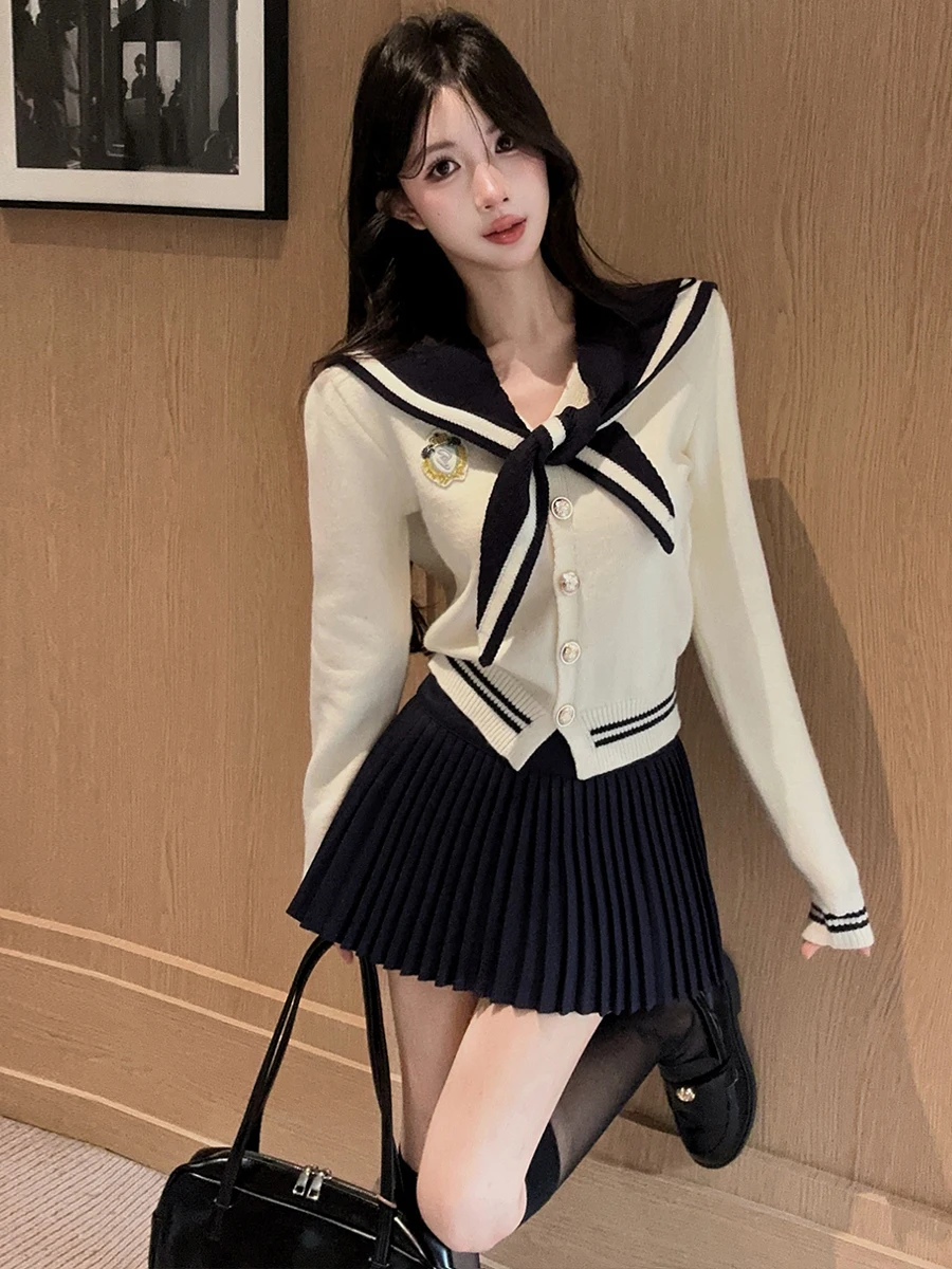 College Style Navy Collar Knitted Long Sleeve Single Button High Waist Pleated Skirt Two Piece Set Fashionable Versatile Outfit