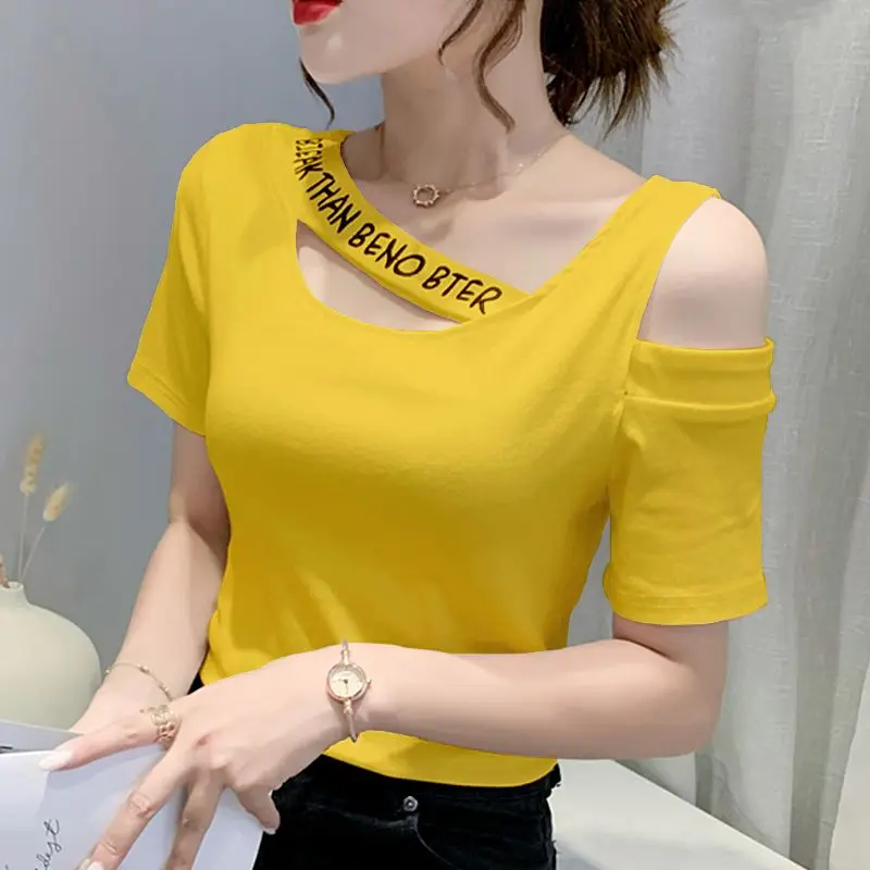 

Tops Woman Short Sleeve Coquette Clothes Slim Off Shoulder Sexy T Shirt for Women Summer Outfit Plain Elegant Cheap Women's Tee