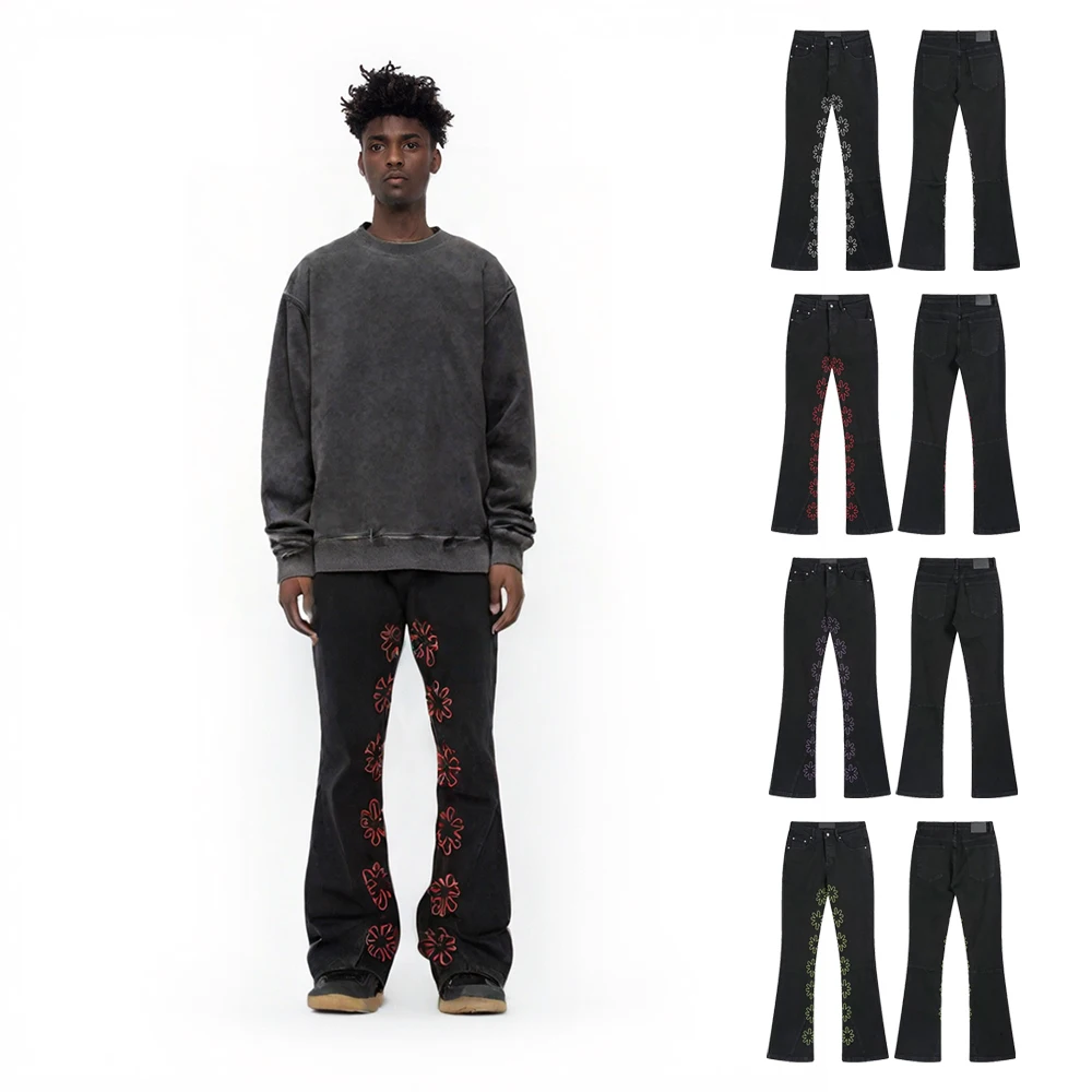 ملابس رجالية متعددة الألوان مطرزة فضفاض جينز هيب هوب نمط الشارع بنطلون مستقيم غير رسمي ملابس الشارع جينز متوهج للرجال
