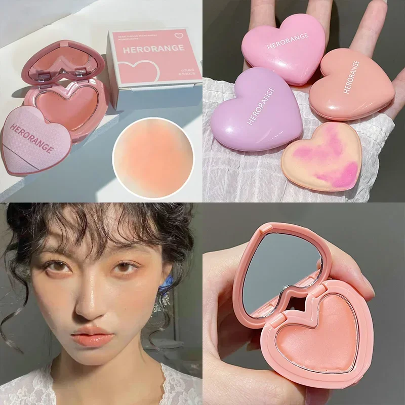 Purple Peach Cream Blush Makeup Palette Moisturizing Cheek Tint 3 Colors Orange Peach Pink Blusher Love Shape Blush With Puff
