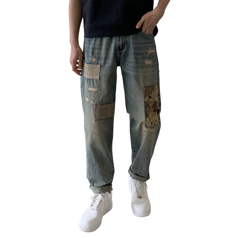 High street retro fashion brand 2024 New ripped jeans men\'s street fashion hip hop style personality patch loose trousers