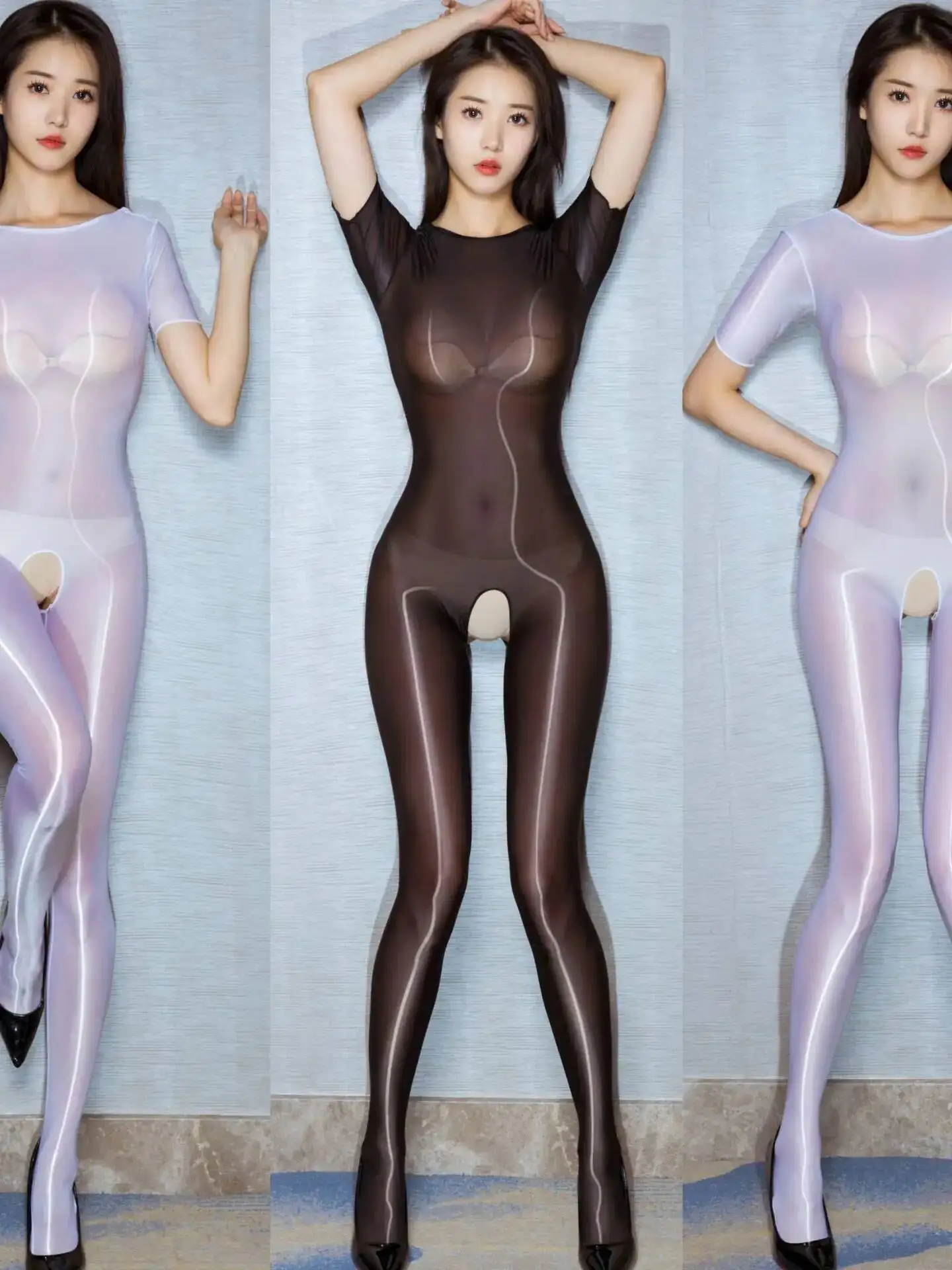 오로라 말기름 광택 부드러운 실키 메쉬 바디수트 섹시 투명 풀 바디 솔리드 컬러 바디수트 라운드 넥 퓨어 디자이어 2R3P