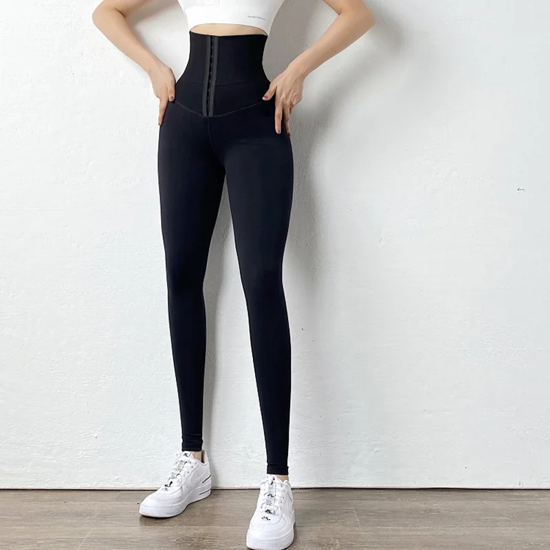 Double-breasted high-waisted, hip-lifting and belt-tightening elastic tight pants for women with fleece