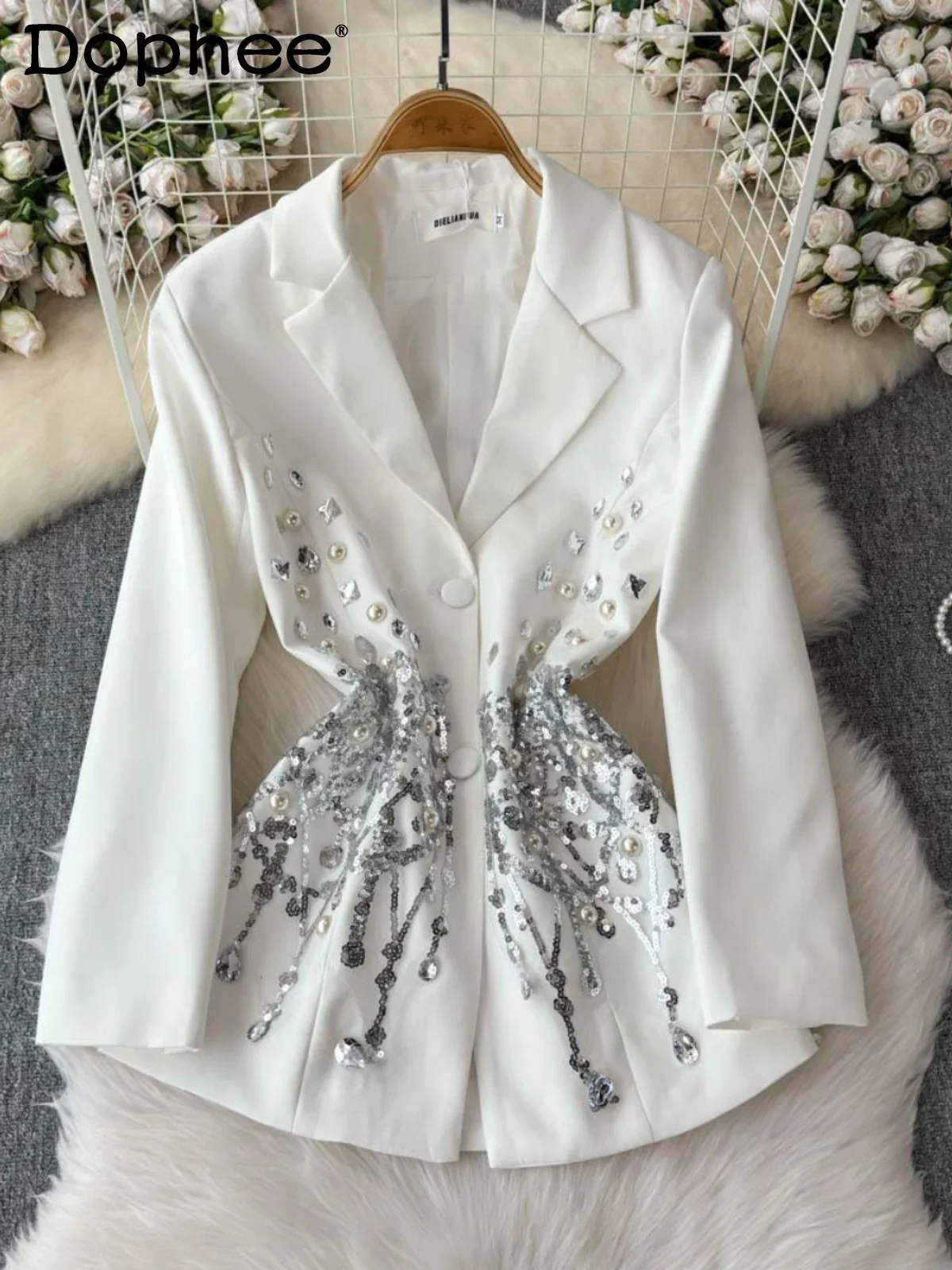 

Celebrity Nailed Diamond Sequins Loose Blazer Women's Autumn Temperament Heavy Industry Water Drop Diamond Office Lady Jacket