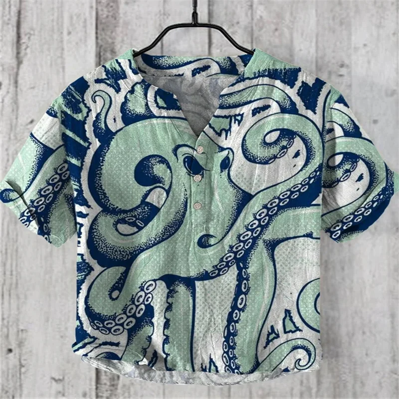 Spring and Summer Men's and Women's Casual Shirts Blue Octopus Short Sleeve Linen Shirt Hawaiian Style 3D Printed Shirt Men's To