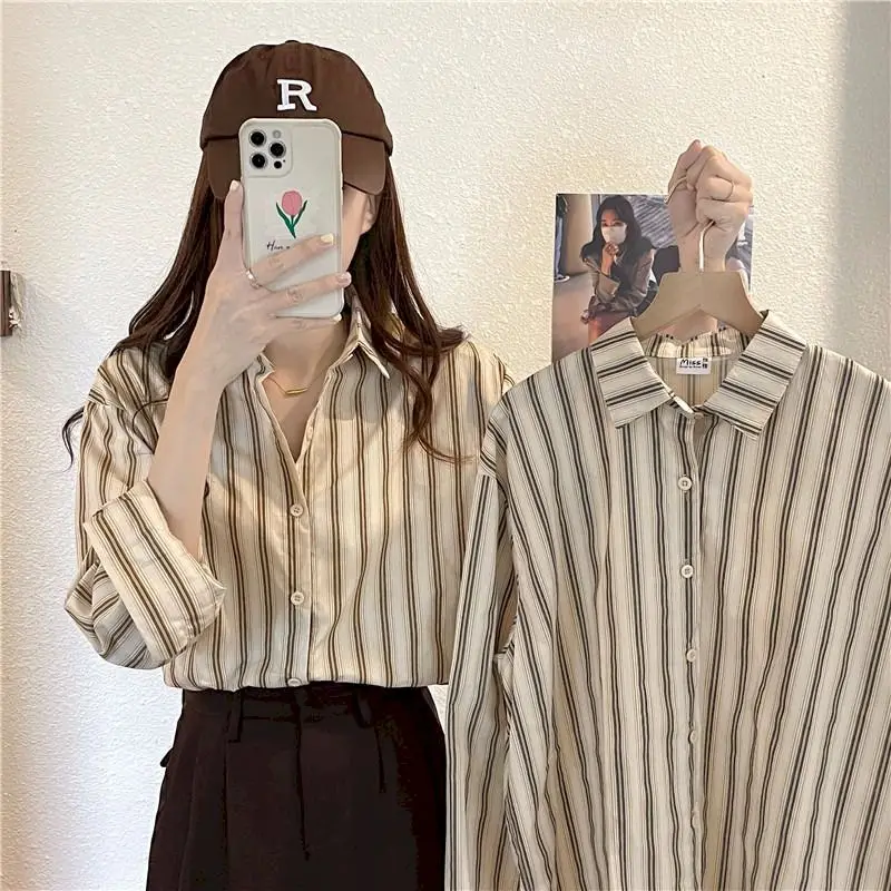 Vintage Casual Long Sleeve Stripe Blouses Women Autumn 2023 New Korean Fashion Lapel Collar Single Breasted Shirts for Women