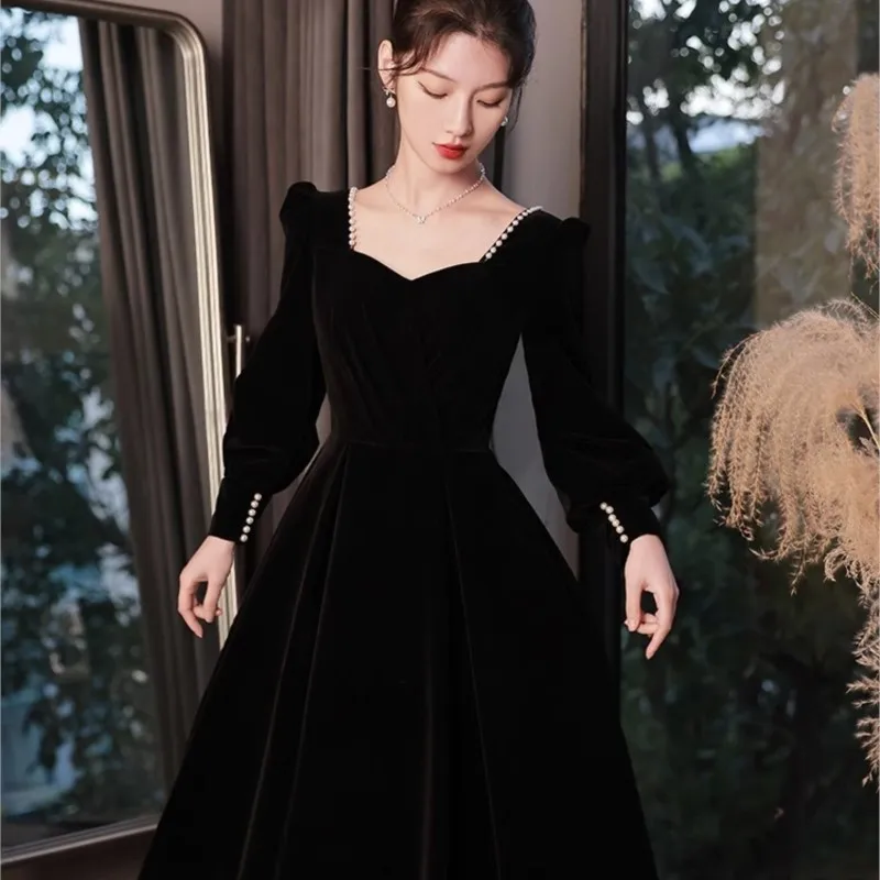 Black long sleeve banquet temperament light luxury small host arts exam coming-of-age dress