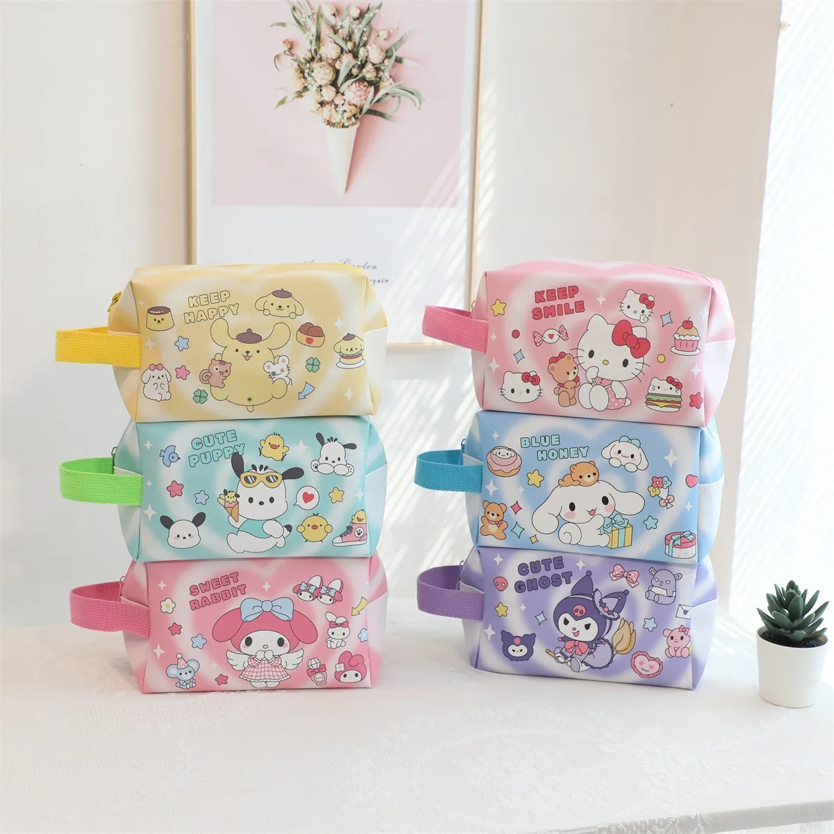 

Sanrio Summer Refreshing Girls Portable Handheld Pu Waterproof Makeup Bags 3D Stereoscopic Toilet Bag Large Capacity Zipper Bags