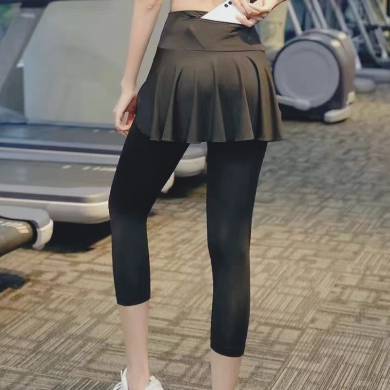 目に見えない股パンツスポーツヨガスーツ偽二枚薄いジッパーポケットキュロット速乾性練習パンツ女性ロパムヘール