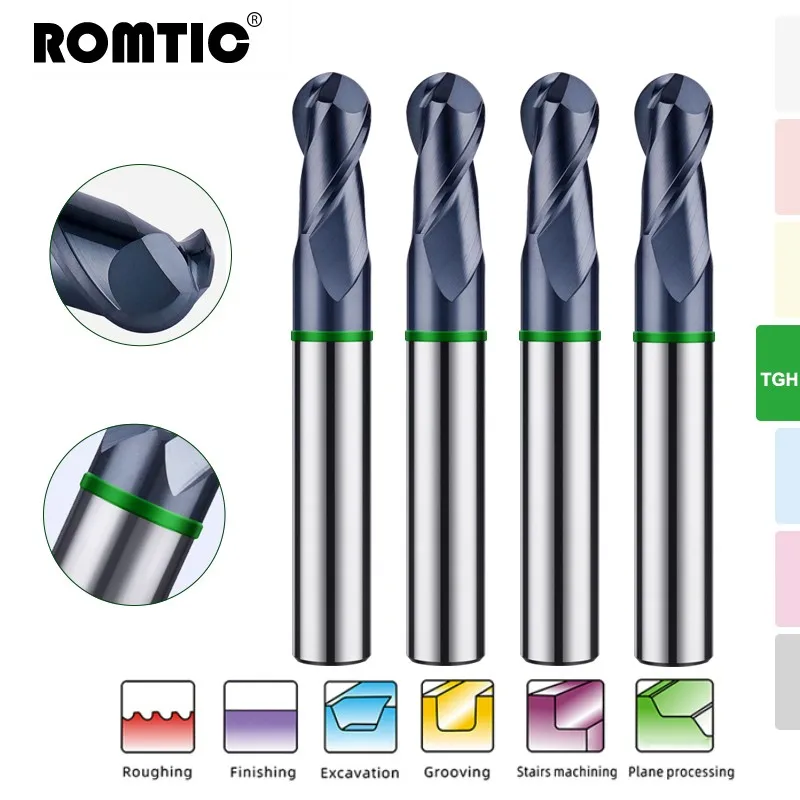 ROMTIC TGH-HRC50 carburo di acciaio al tungsteno per fresa in acciaio 2F rivestimento ad anello colorato CNC Mechanical Ball End Endmills Tools