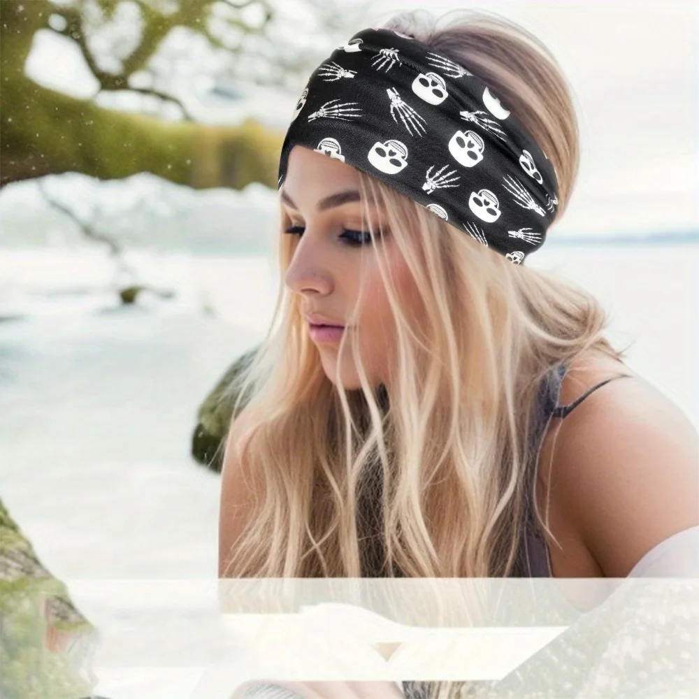 1pc Mode Nicht Slip Punk Stirnband Schädel Muster Stirnband Halloween Kopfbedeckungen Verknotet Haarband Haar Styling Zubehör – Detail 2
