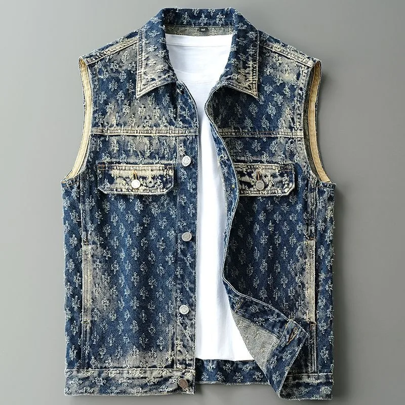 Trendy Loose Fit Denim Vest for Men Vintage Jacquard Sleeveless Vest Summer Cool Weather Streetwear Jacket​