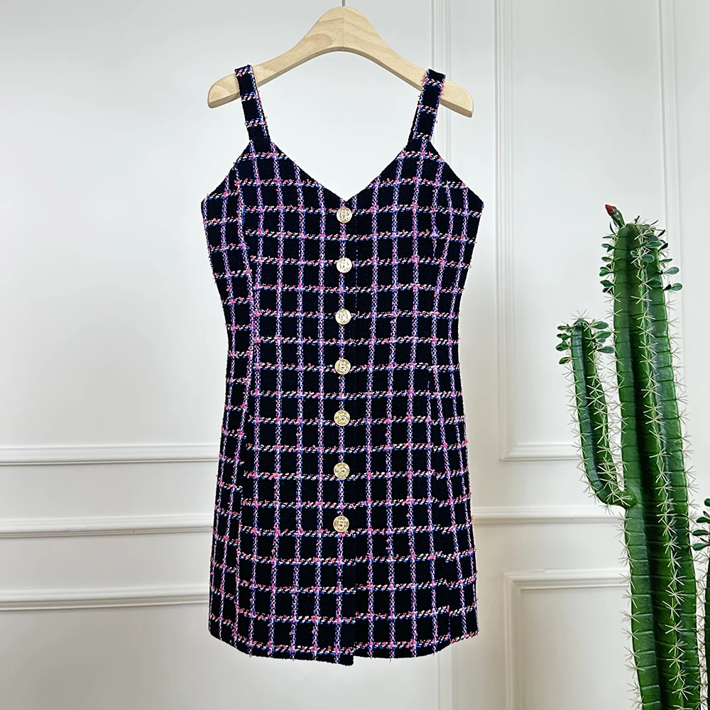 High Quality 2024 New Autumn Rose Red Plaid Tweed Single Breasted Dress Fashion Sweet Women Spaghetti Strap Casual Loose Vestido image 3