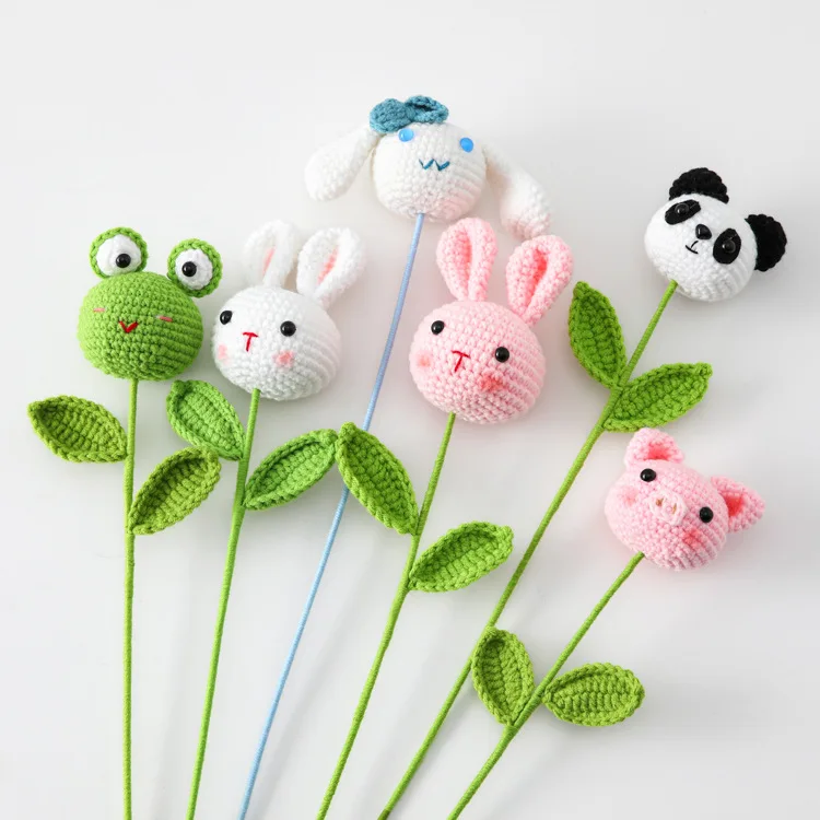 Handmade Simulation Wool Crochet Flower Cartoon Animal Bouquet Pig Panda Rabbit Kitty Doll Gif For Kids Children Wholesales 2024