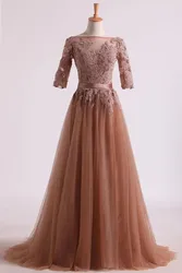 A-line Scoop Neckline Lace Appqulies Band Bodice Backless Tulle Long Maxi Elegant Female Gowns Wedding Party Dress Prom Dresses