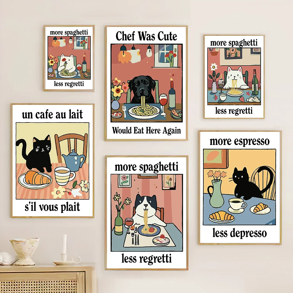 

More Spaghetti Less Regretti White Cat Dog Print Retro Diner Poster Cartoon Dining Pasta Italian Kitchen Canvas Painting Decor