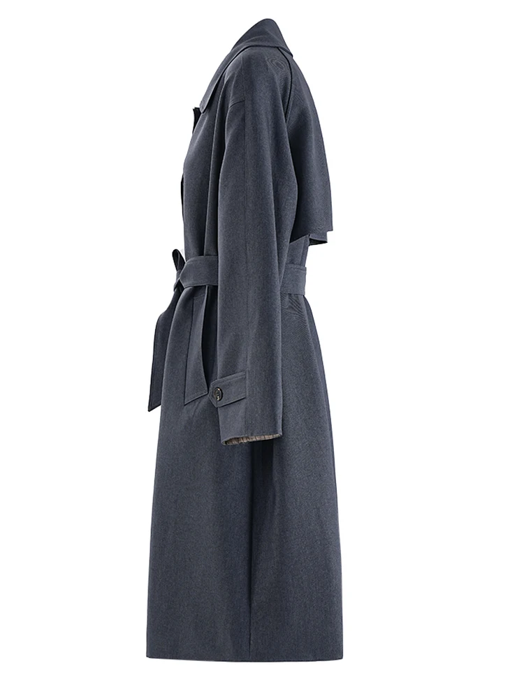 [EAM] Donna Verde Con Cintura Elegante Trench Lungo di Grandi Dimensioni Nuovo Risvolto Manica Lunga Giacca A Vento Moda Marea Primavera Autunno 2024 CPG1795