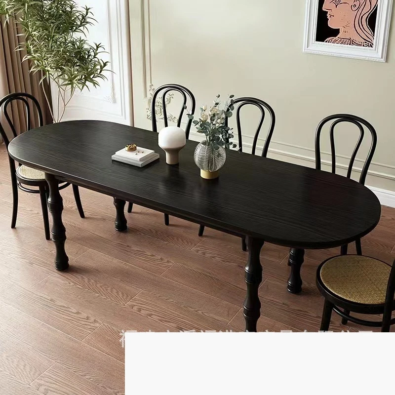 French vintage all-solid wood dining table, black island table, simple oval desk and workbench, solid wood long table