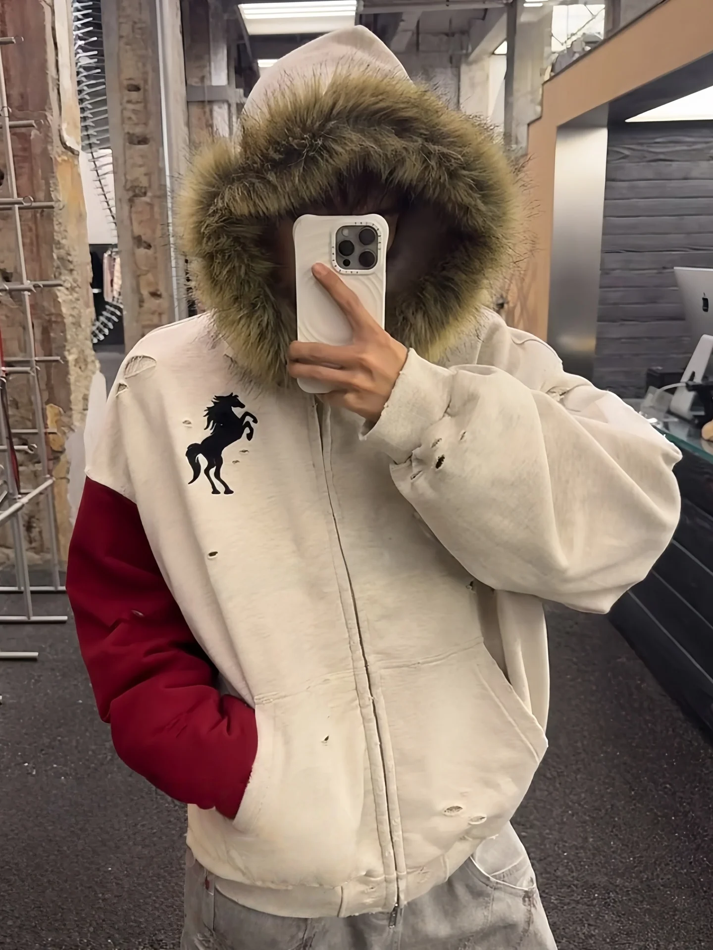Moletom com capuz e zíper, estilo americano, lavado, de marca da moda, com gola de pele, para casais e homens.