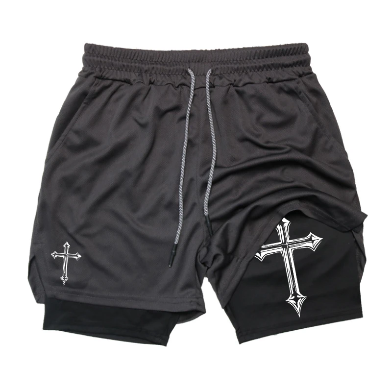 Cross Print 2 in 1 Workout Running Shorts for Men Christian Gym Athletic Shorts with Compression Liner Phone Pocket Towel Loop