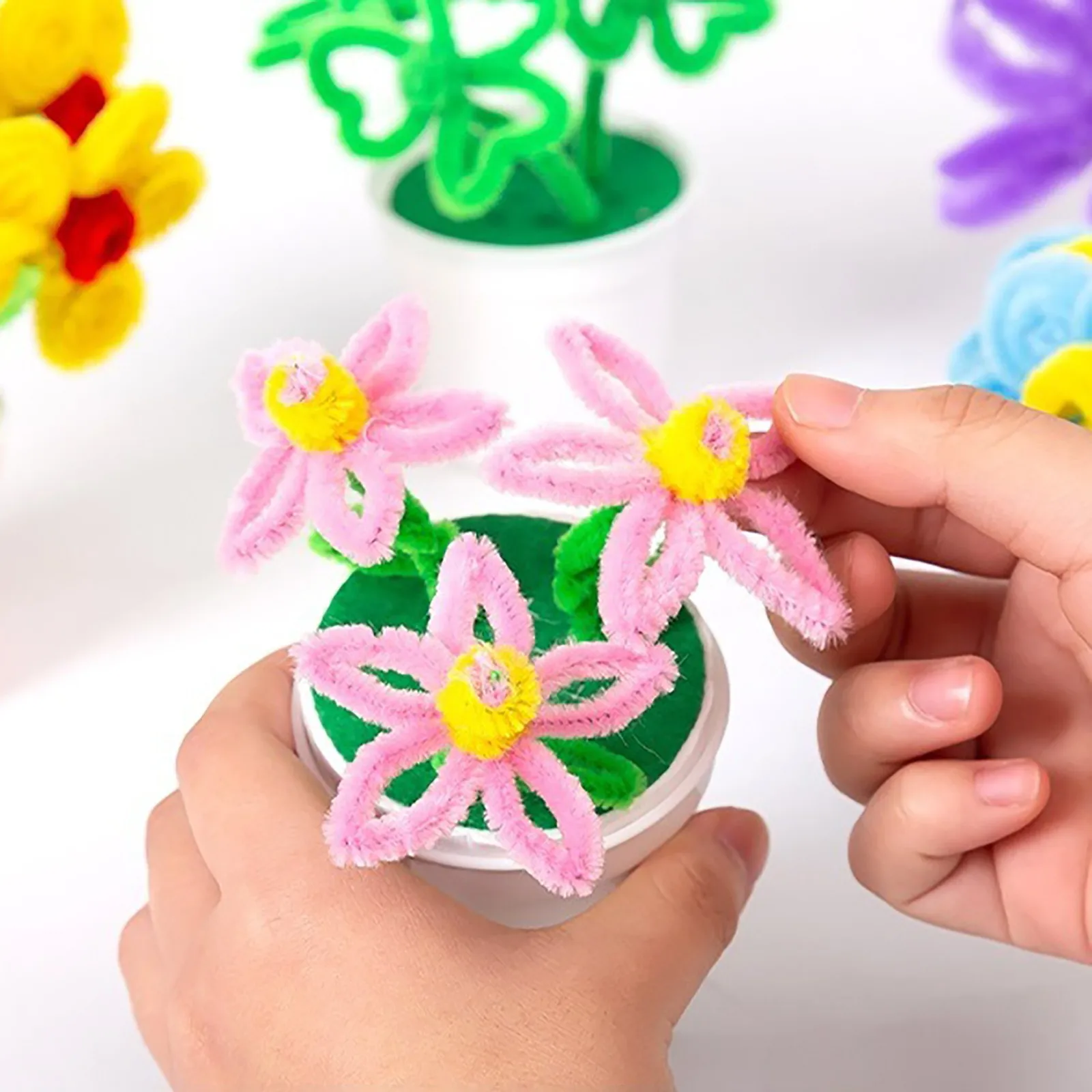 Bâton de fleurs en peluche torsadé à la main, Pots de fleurs pour enfants de la maternelle, bricolage de jouets artisanaux de fleurs, Kit de Puzzle fait à la main, bâton torsadé, racine de cheveux