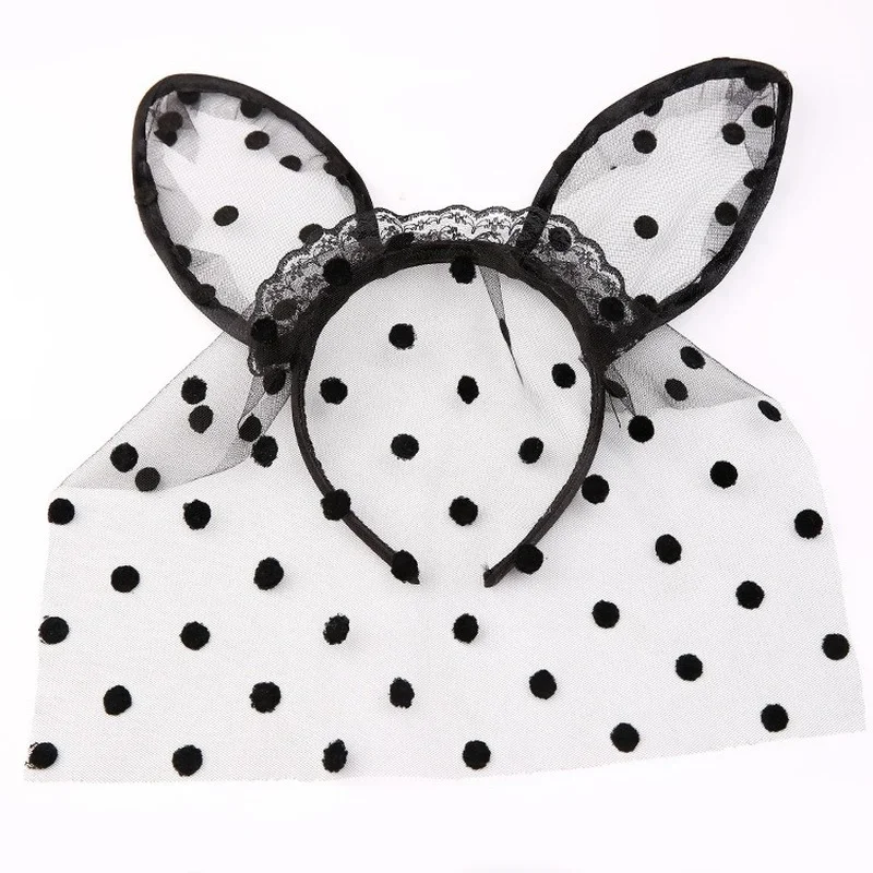 

Women Girl Black Sexy Lace Polka Dots Fox Cat Ears Veil Headbands Rabbit Bunny Costume Nightclubs Masquerade Cosplay Halloween