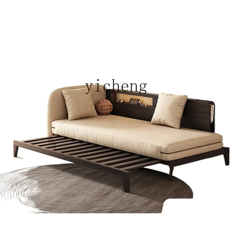 Xl Minimalist Solid Wood Sofa Bed Foldable Dual-Purpose Fabric Sofa Bedroom Bed with Rollers