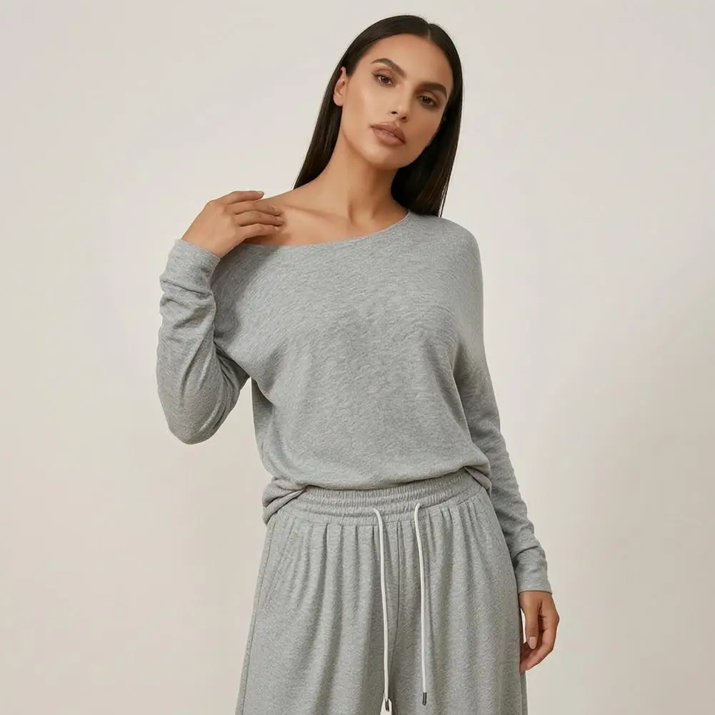 Long Sleeve Top Pant Sets Women’s Off Shoulder Sweatshirt Set Long Sleeve Top Wide Leg Trousers Solid Color Lounge for Spring