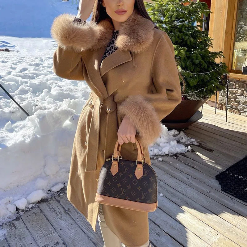 

Trend The New Cashmere Coat Luxurious Fox Fur Collar Cuff Winter Keep Warm Slimtype Mid Length Women High Street Apparel