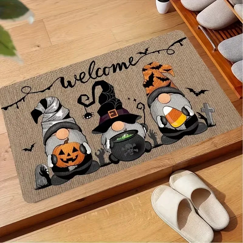 Cute Happy Halloween Doormat, Welcome Mat with Adorable Ghost, Pumpkin, Black Cat & Bat, Non‑Slip Fall Entry Rug