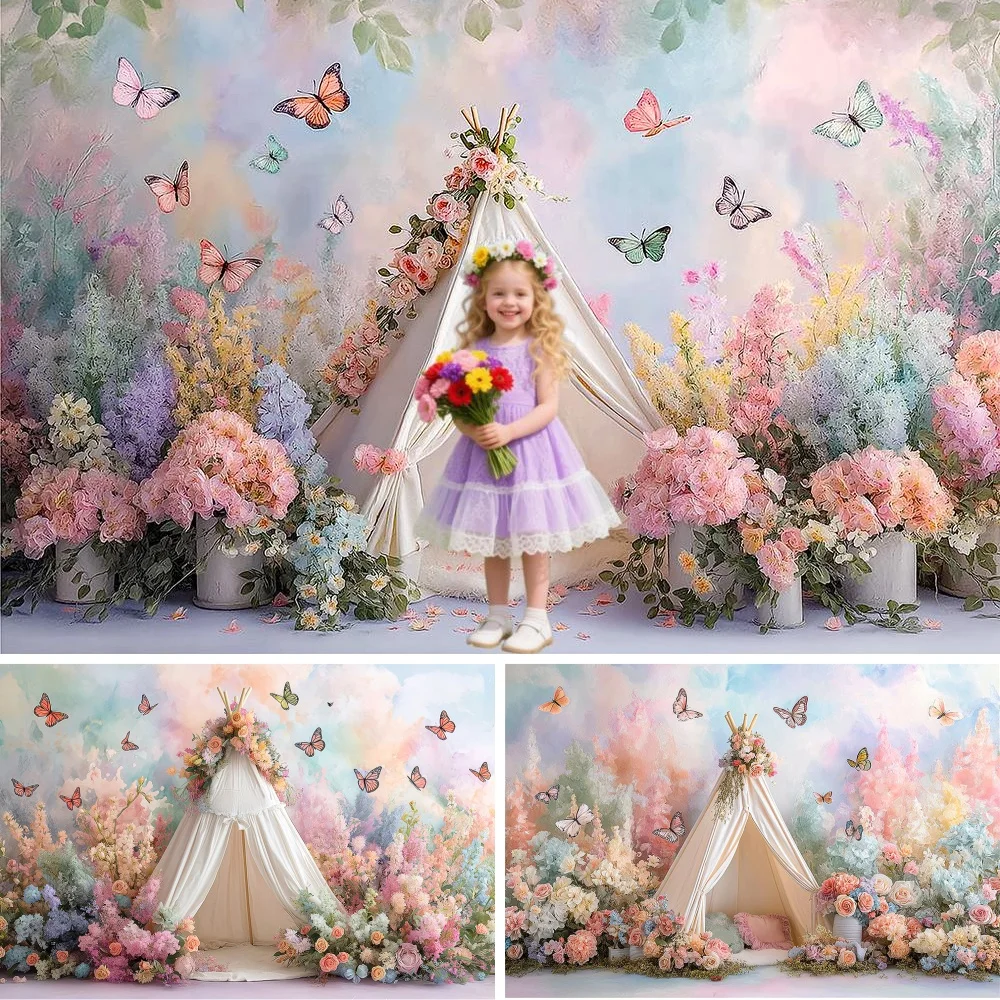 

Flowers Watercolor Photography Background Butterfly Flora Kids Baby Cake Smash Props Child Adult Birthday Backdrops Photo Studio