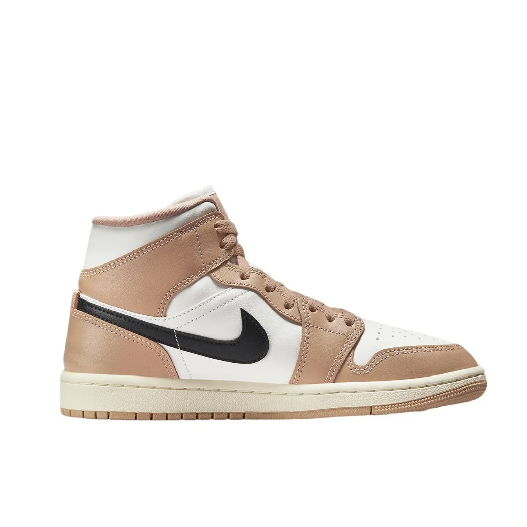 Nike Air Jordan 1 MID Men's and Women's Retro Basketball Shoes Comfortable Anti-slip Sneakers White and Light Brown Colorways